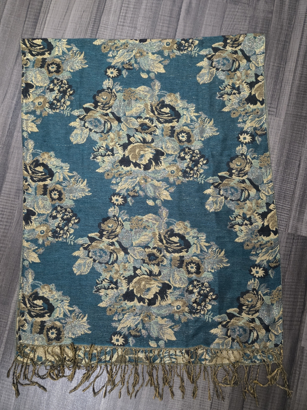 Teal Floral Metallic Fringe Wrap Scarf